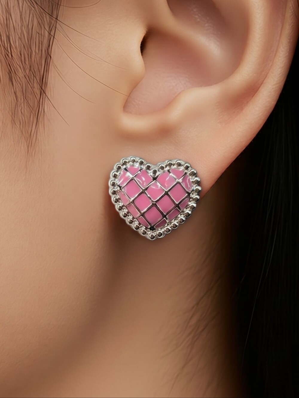 Pink Heart Earrings Checkerboard Studs Coquette Girly Glam Romantic Chic Jewelry